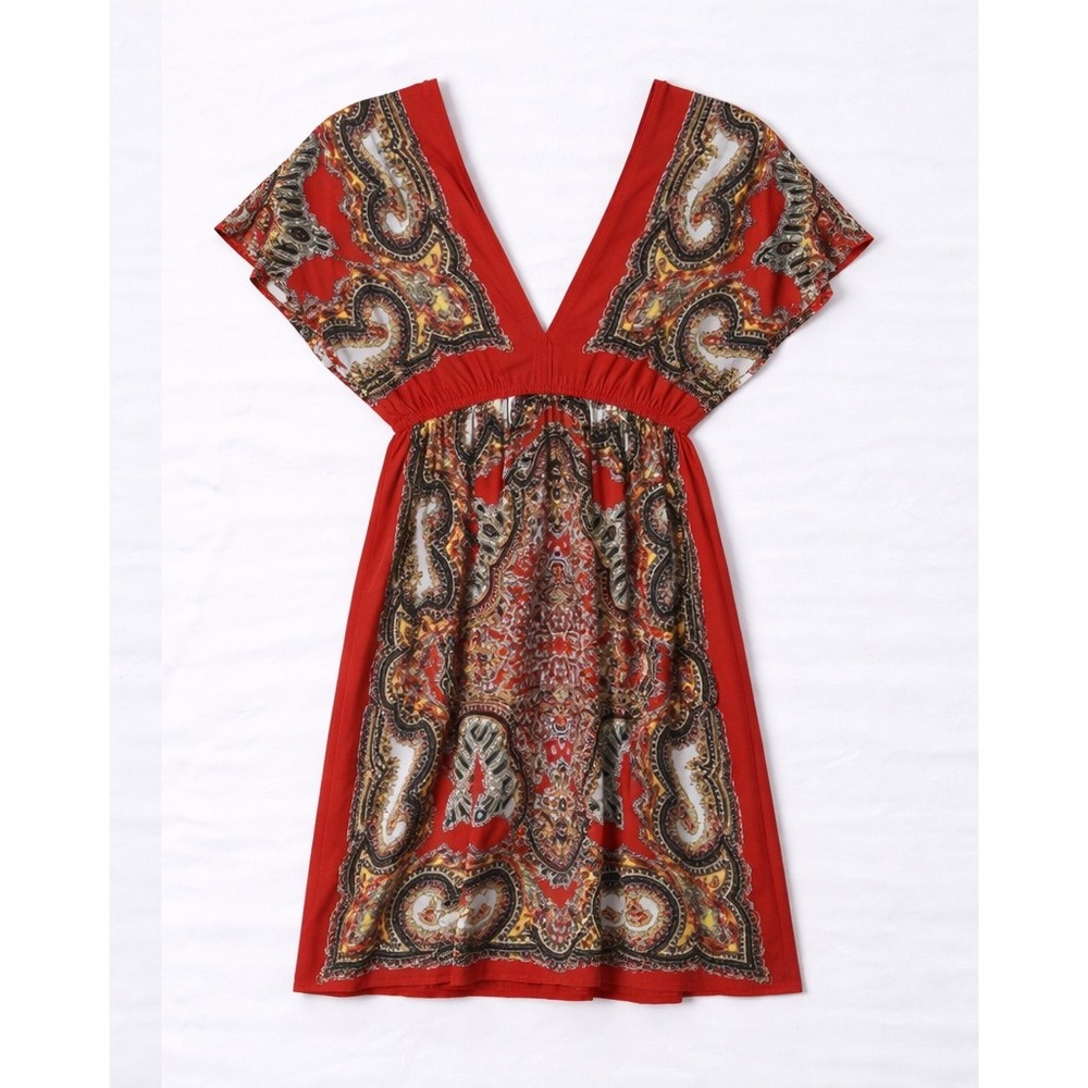 Bailey Blue Paisley Empire Waist Dress‎ Small Red Stretchy Jersey Boho Tunic